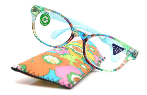 NY FIFTH AVENUE Versailles, (Premium) Reading Glasses High End Readers +1.25 .. +3.00 (Light Blue, Orange Floral) Round Optical Frames. NY Fifth Avenue. - Product image