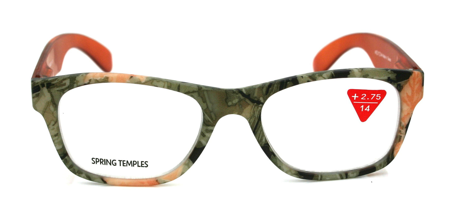 The Forester, (Premium) Reading Glasses, High End Reader +1.25 to +3 Magnifying Square Style (Orange Camouflage) Frame. NY Fifth Avenue
