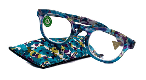 NY FIFTH AVENUE Autumn, (Premium) Reading Glasses, High-End Readers +1.25 +1.50.+3.00 Wide Round Style. Optical Frame (Blue, Purple Floral) NY Fifth Avenue. - Product image