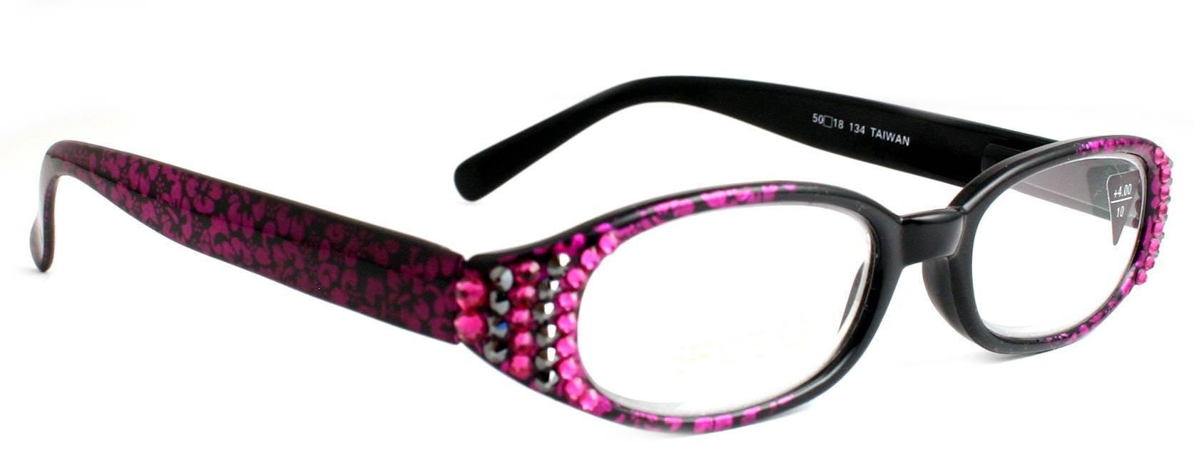 Isabella, (Bling) Reading Glasses Women W (Fuchsia, Hematite) Genuine European Crystals  (Purple Floral Print)  NY Fifth Avenue (Wide Frame)