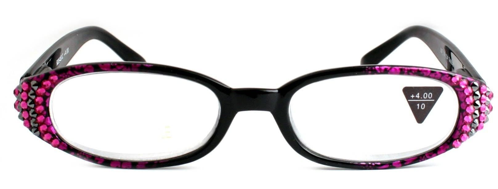 Isabella, (Bling) Reading Glasses Women W (Fuchsia, Hematite) Genuine European Crystals  (Purple Floral Print)  NY Fifth Avenue (Wide Frame)