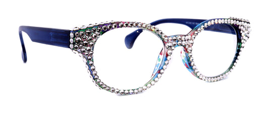 NY FIFTH AVENUE Autumn, (Bling) Reading Glasses For Women W (Full Crystals) Genuine European Crystals Round Frame (Blue, Purple Floral) NY Fifth Avenue - Product image