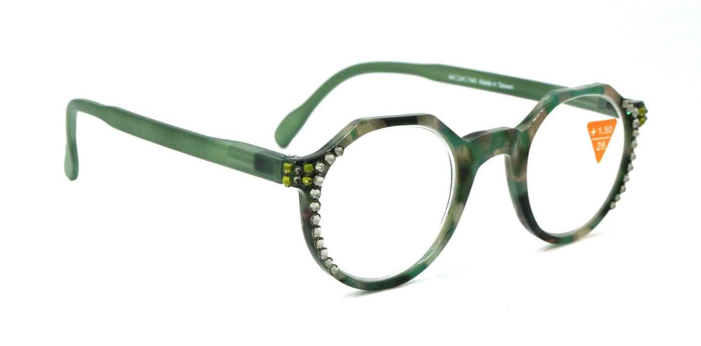 The Hexagon, (Bling) Women Reading Glasses W (Black Diamond, Olivine) Genuine European Crystals ,  (Green, Tortoise Shell) NY Fifth Avenue