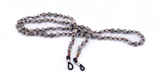 NY FIFTH AVENUE Boho, (Eyeglass chain) Double Hand Knotted (Hematite, Spider Web Jasper, Picture Jasper) Gem Stone (6 mm) w Anti Slip Loops n Brass Fastener - Product image
