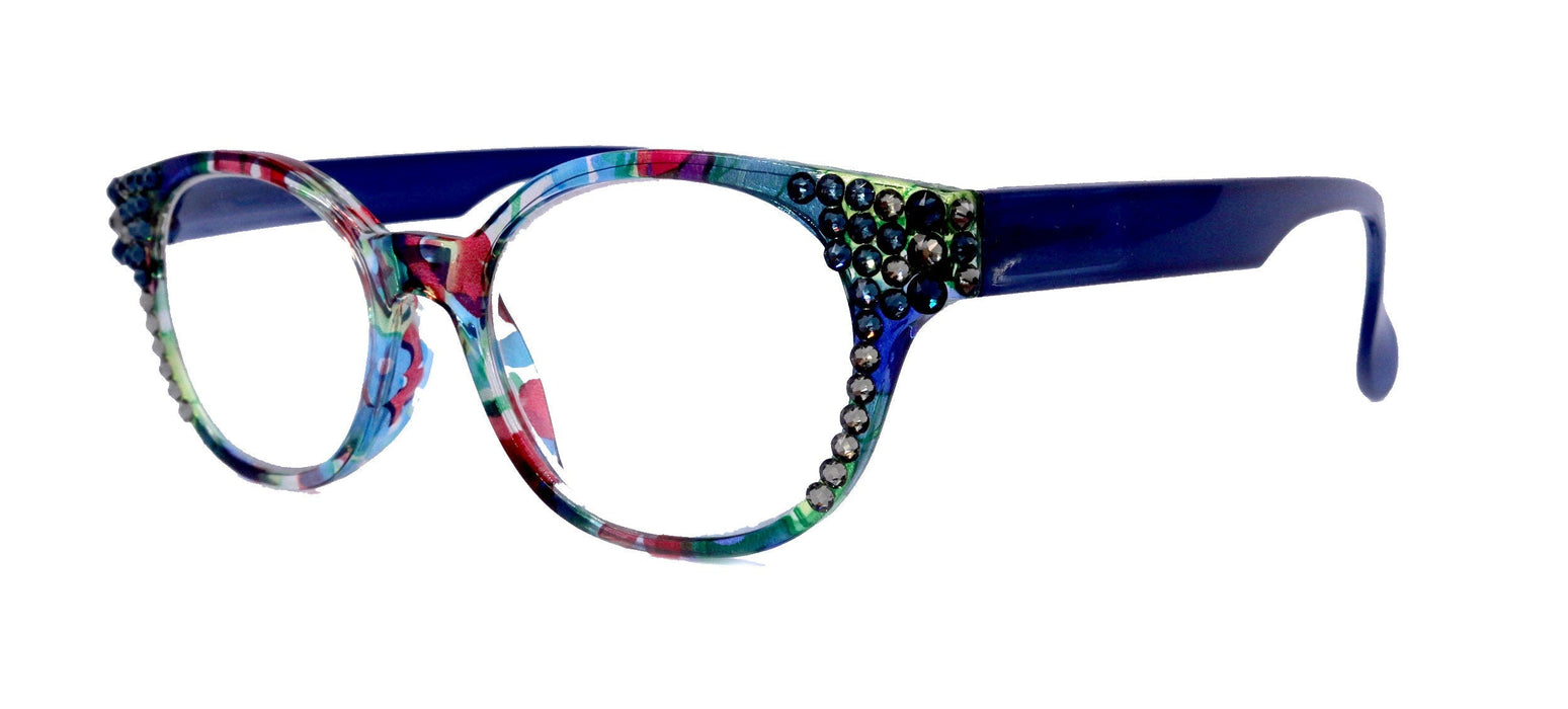 Versailles, (Bling) Reading Glasses 4 women W (Montana, Black Diamond) Genuine European Crystals   Round Frame. NY Fifth Avenue
