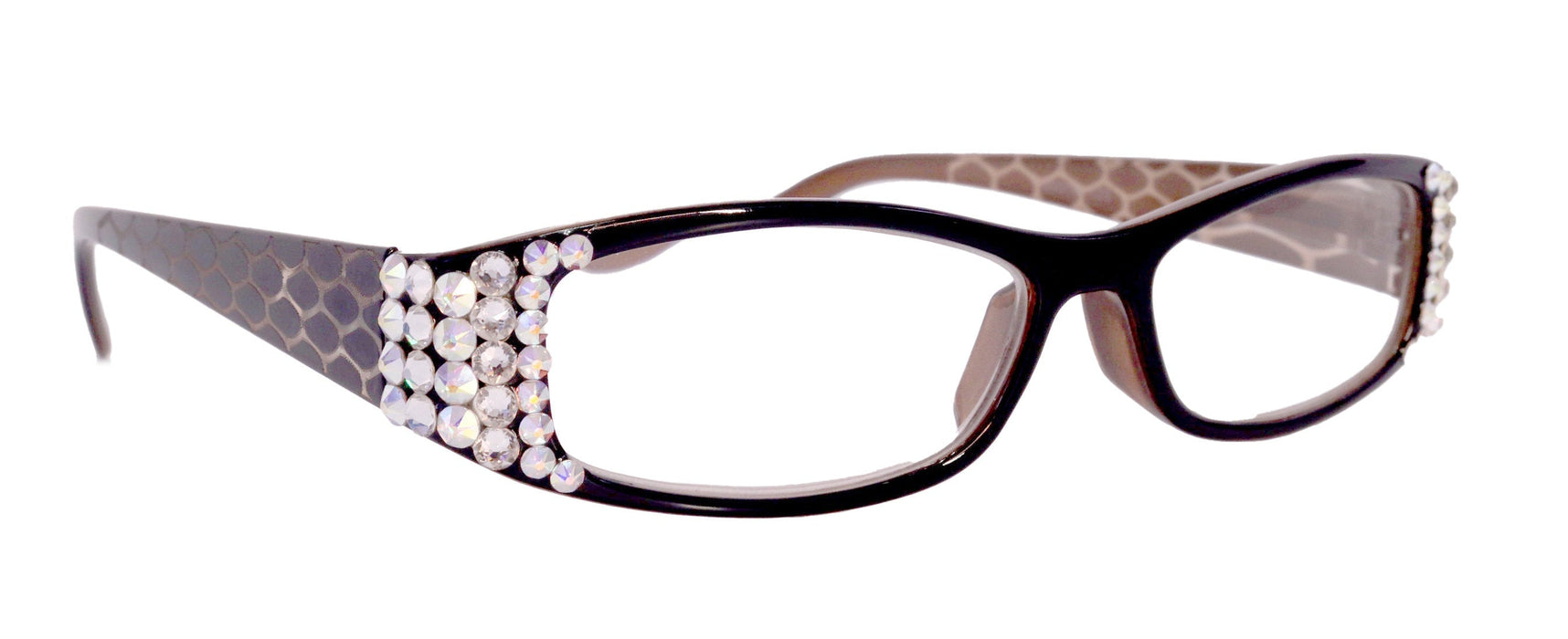 Lyon, (Bling) Reading Glasses w (Clear, AB Aurora Borealis) Genuine European Crystals(Dragon scale)  (Black, Brown) NY Fifth Avenue