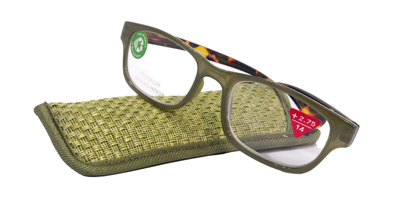 Jade, Premium Reading Glasses High End Reading Glass +1.25 to +6.00 magnifying glasses, Square, Olive green, optical Frames