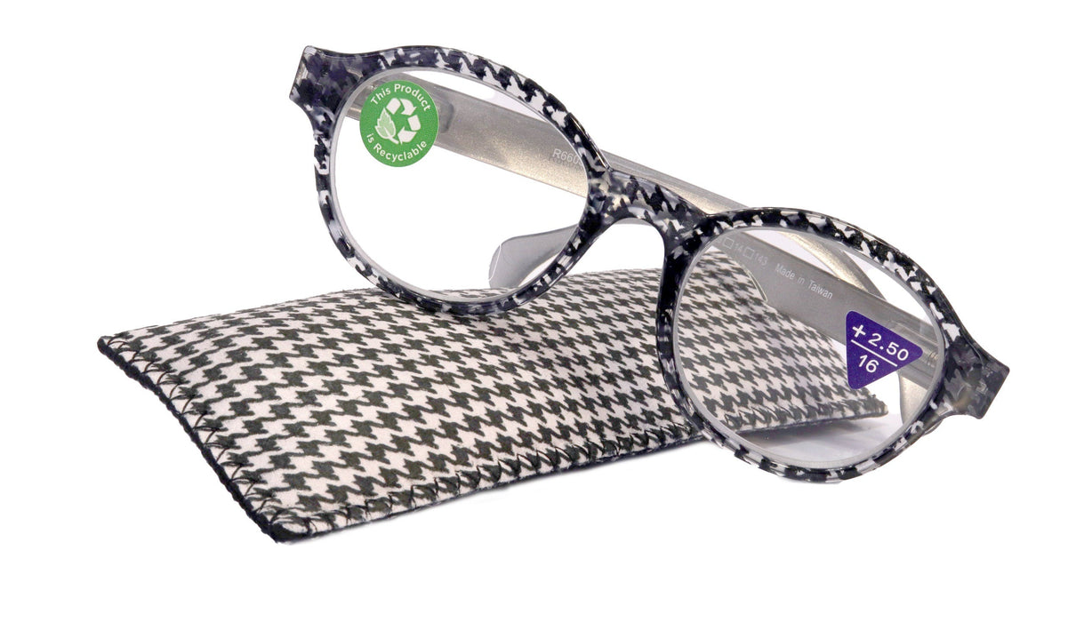 The Alchemist, (Premium) Reading Glasses, High End Readers, Magnifying Eyeglasses, (Black Translucent) (Round) (Houndstooth) NY Fifth Avenue