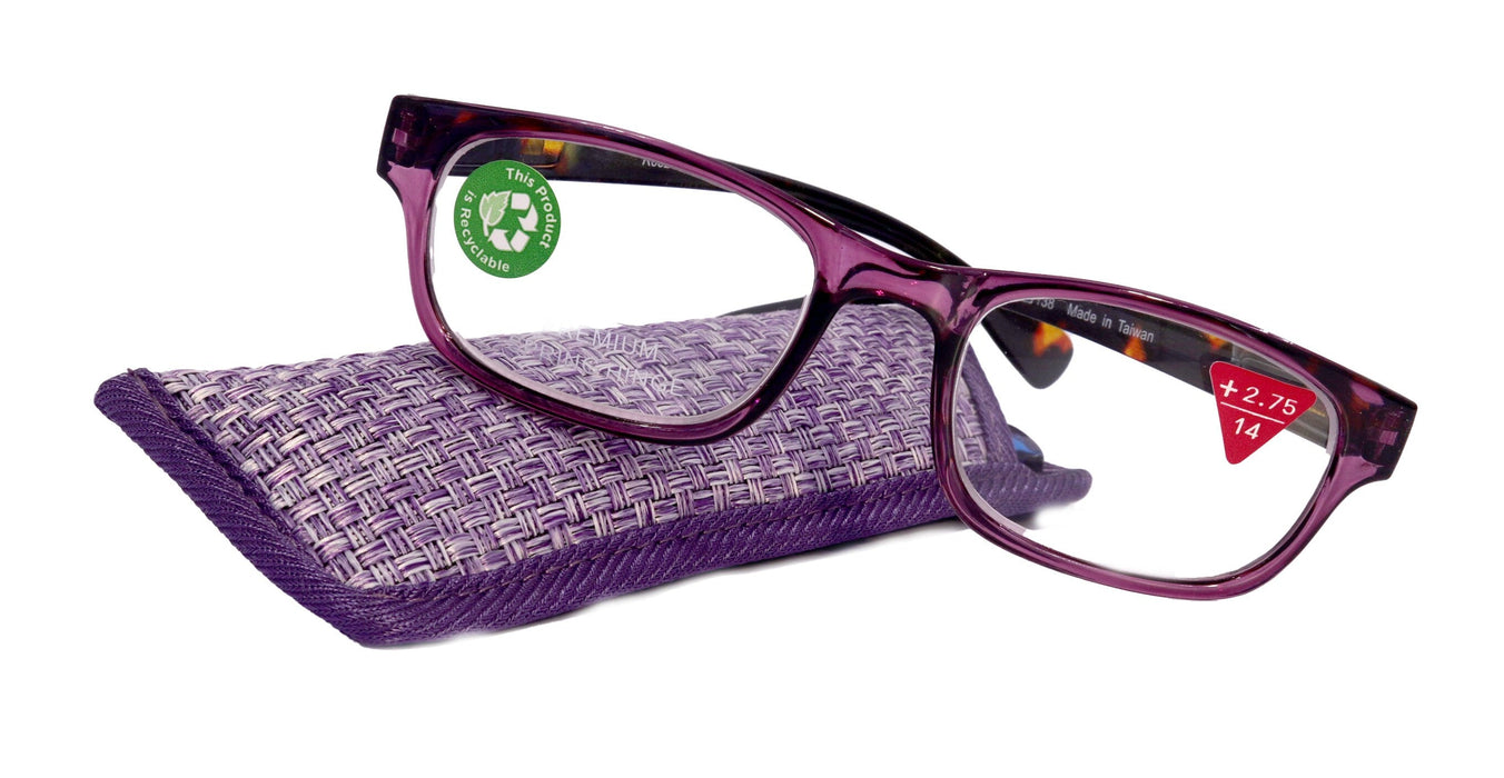 Jade, Premium Reading Glasses High End Reading Glass +1.25 to +6.00 magnifying glasses, Square. Purple optical Frames