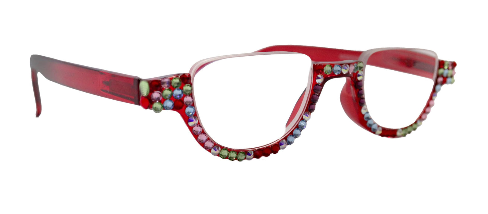 Half Moon, (Bling) Woman Reading Glasses Adorned W Genuine European Crystals, Reader Magnifying,   (Red) NY Fifth Avenue.