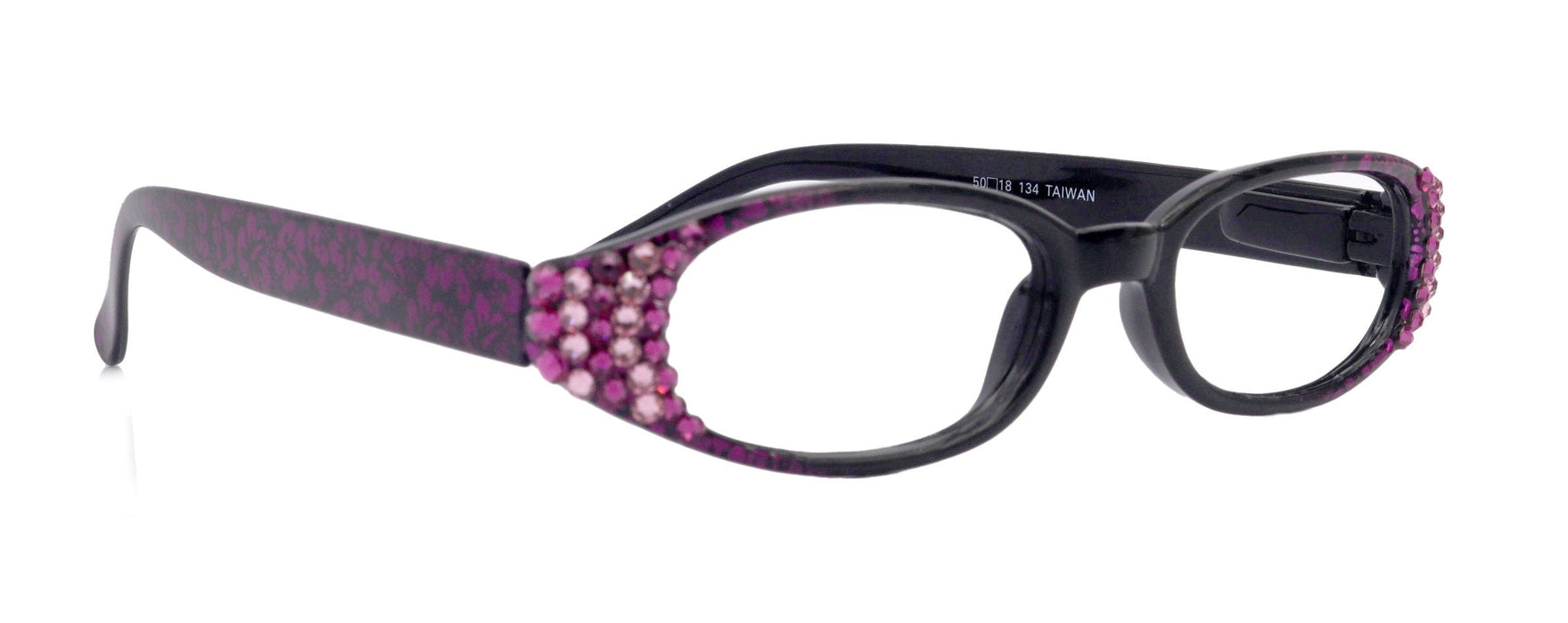 Isabella, (Bling) Reading Glasses Women W (Fuchsia, Pink) Genuine European Crystals  (Purple Floral Print)  NY Fifth Avenue (Wide Frame)