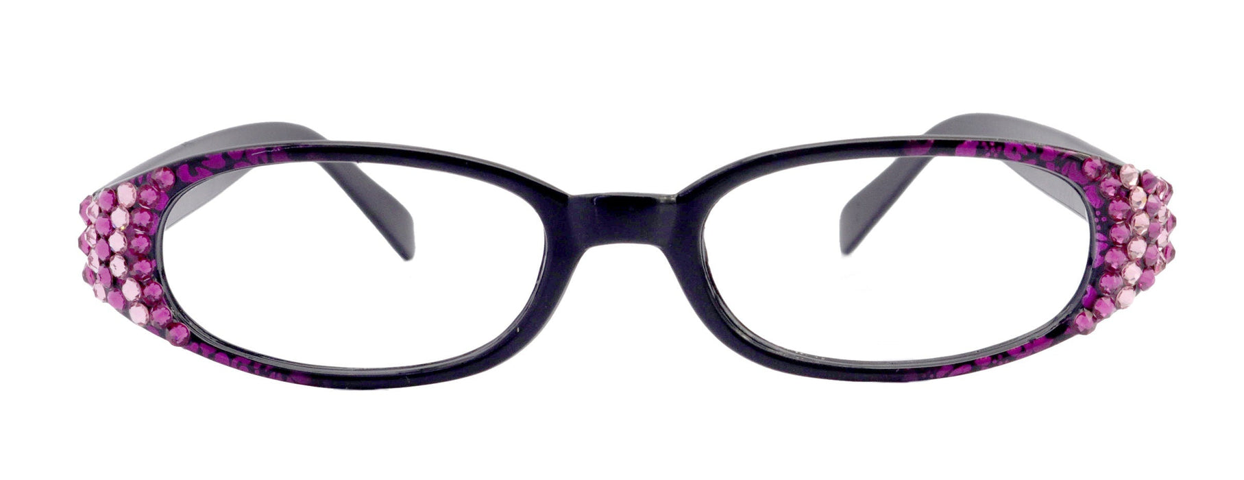 Isabella, (Bling) Reading Glasses Women W (Fuchsia, Pink) Genuine European Crystals  (Purple Floral Print)  NY Fifth Avenue (Wide Frame)
