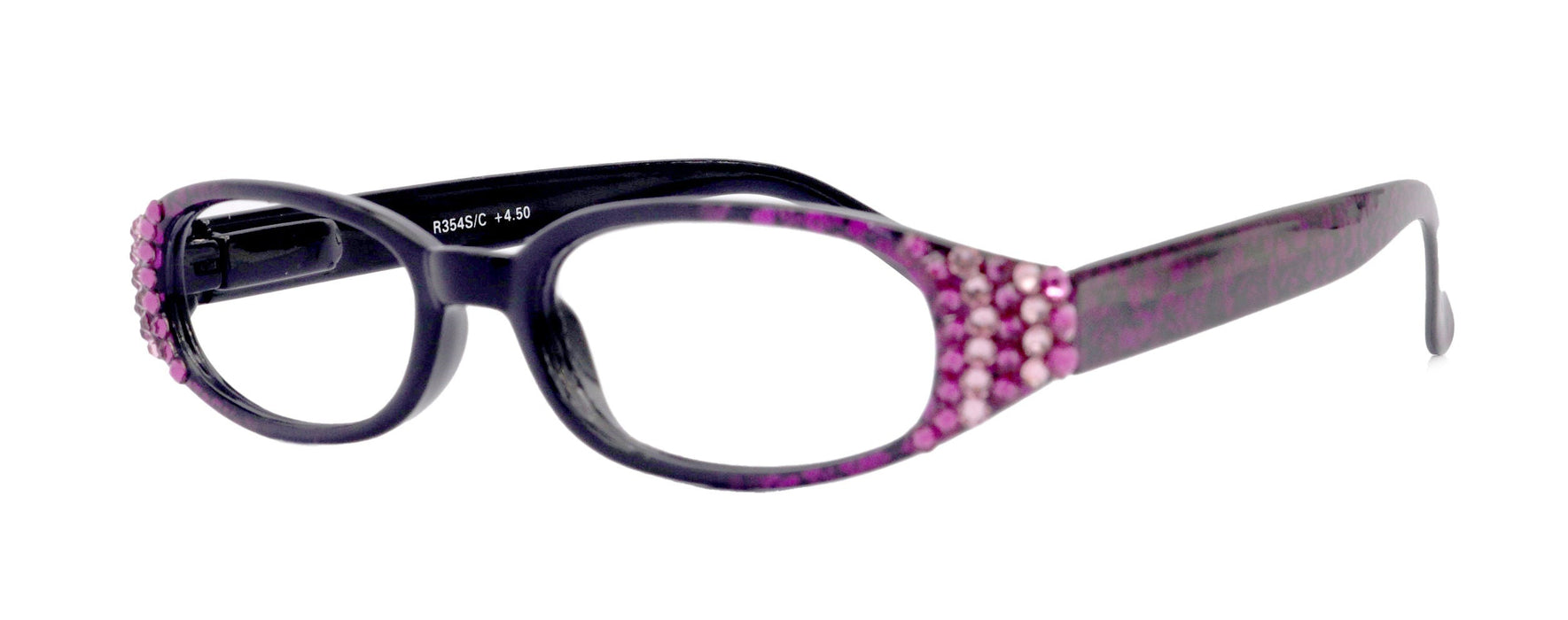 Isabella, (Bling) Reading Glasses Women W (Fuchsia, Pink) Genuine European Crystals  (Purple Floral Print)  NY Fifth Avenue (Wide Frame)