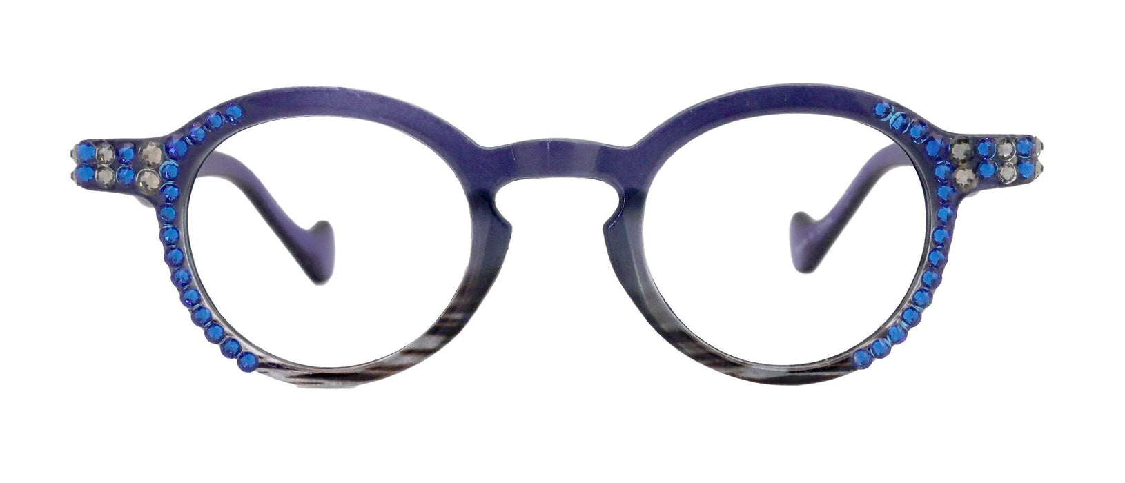 Orlando Bling Reading Glasses, W Capri Blue N Black Diamond  European crystals, Magnifying Eyeglasses, (Blue) (Round) NY Fifth Avenue