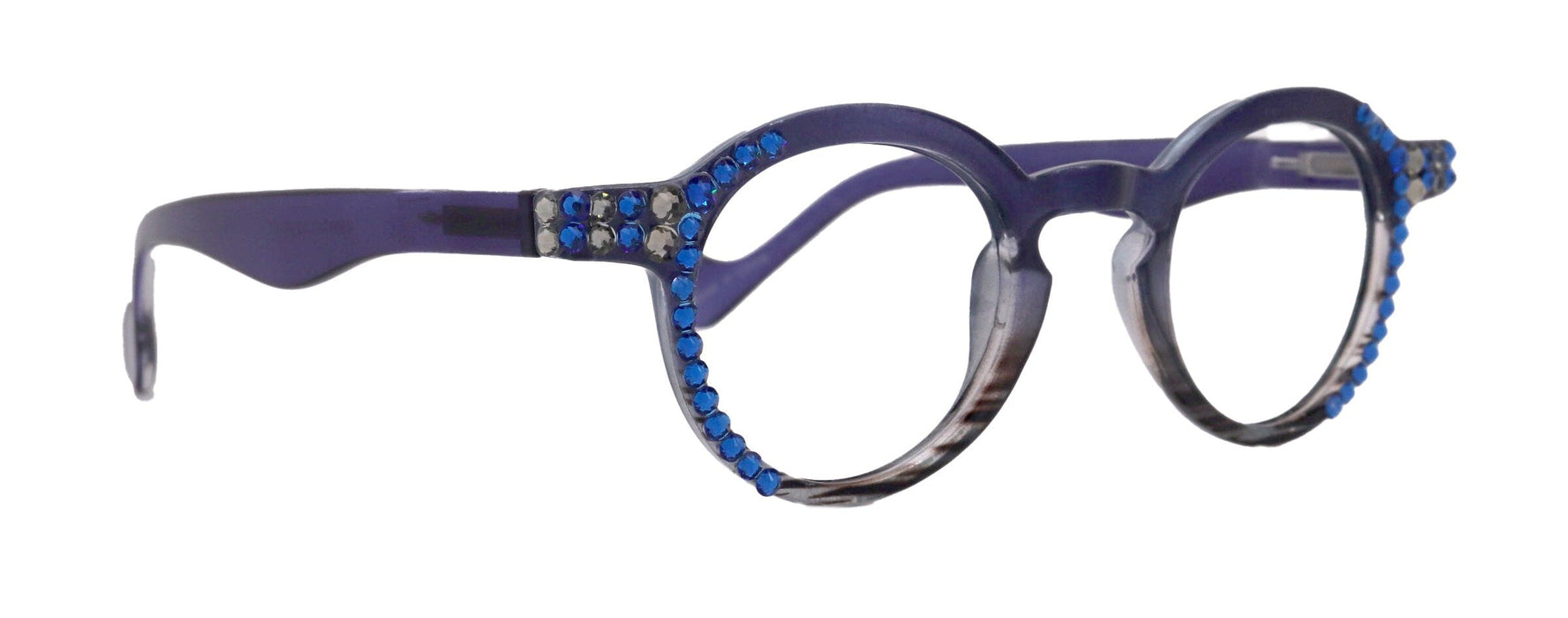 Orlando Bling Reading Glasses, W Capri Blue N Black Diamond  European crystals, Magnifying Eyeglasses, (Blue) (Round) NY Fifth Avenue