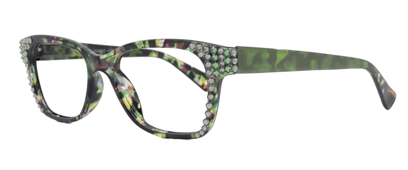Azul, (Bling) Reading Glasses 4 Women W (Black Diamond N Green)Genuine European Crystals. +1.5..+5  NY Fifth Avenue (Wide frame)