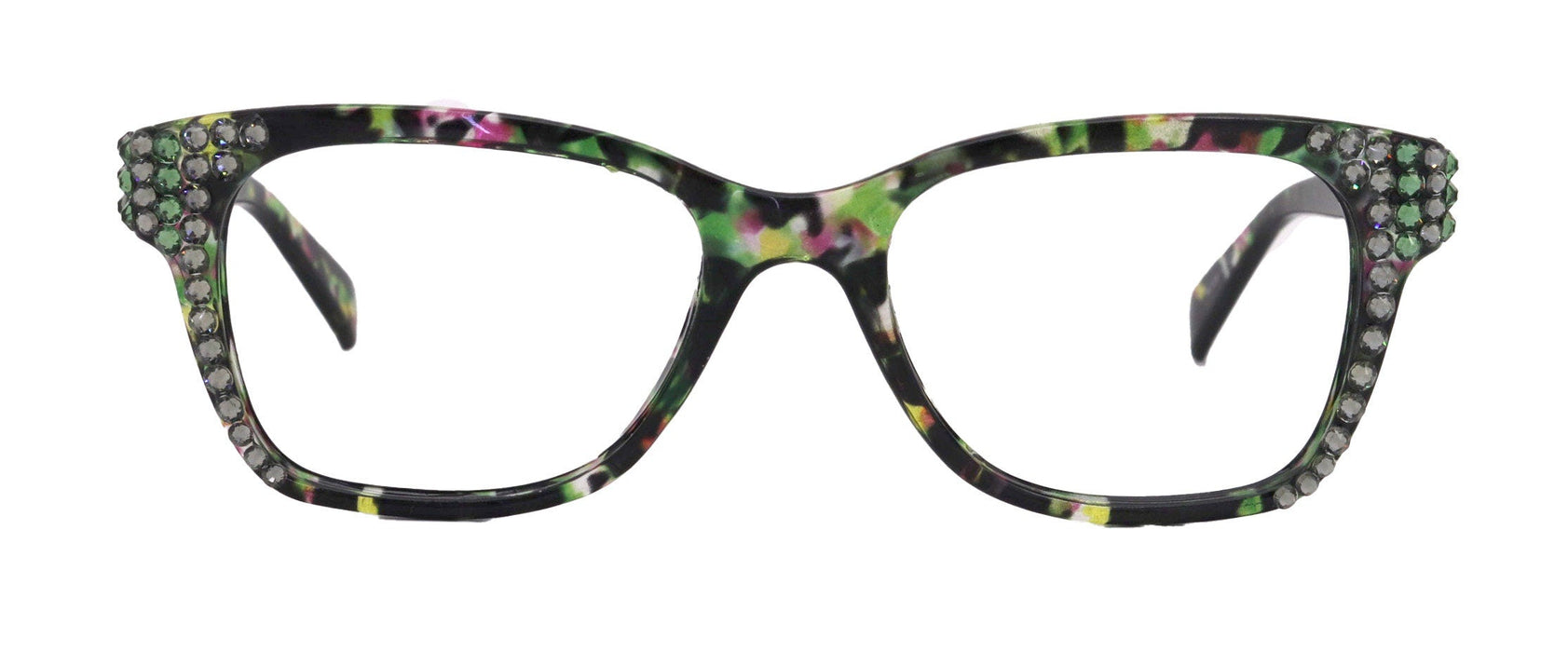 Azul, (Bling) Reading Glasses 4 Women W (Black Diamond N Green)Genuine European Crystals. +1.5..+5  NY Fifth Avenue (Wide frame)