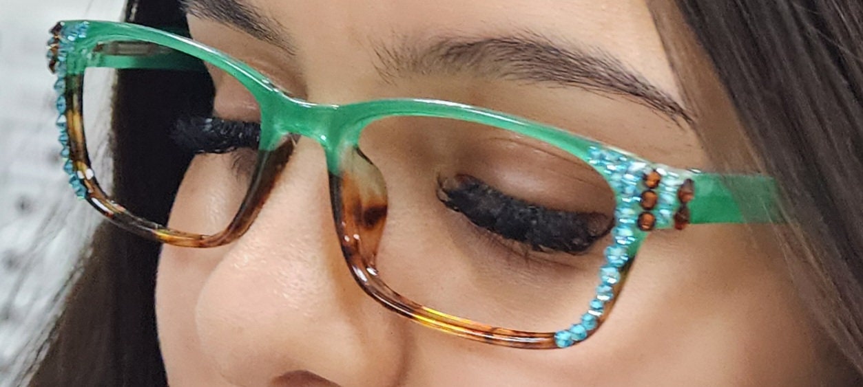 Desiree, (Bling) Women Reading Glasses W (Aquamarine, Cooper) Genuine European Crystals. +1.5 ..+6 Square. High Strength. NY Fifth Avenue
