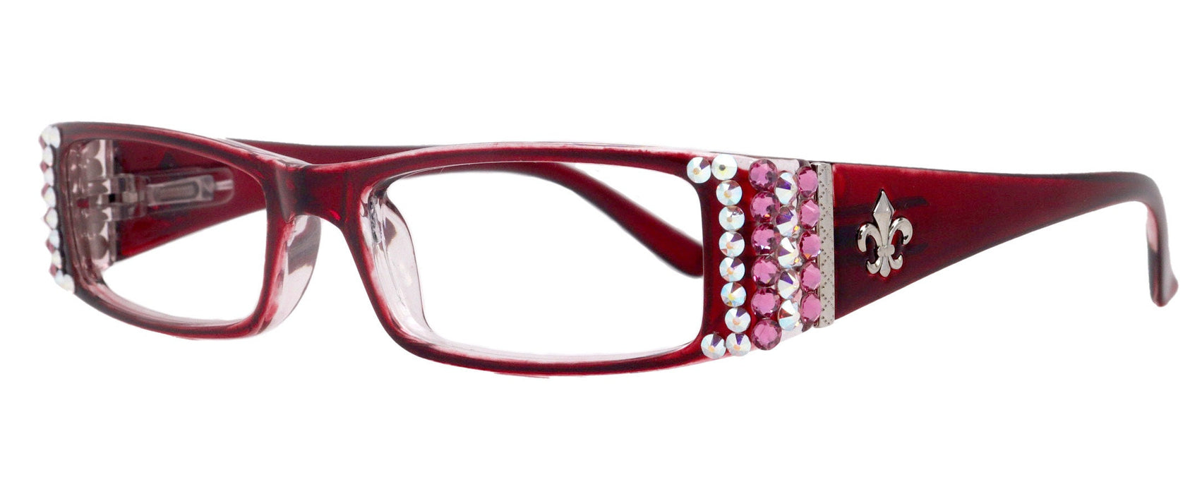 The French, (Bling) (Fleur De Lis) Women Reading Glasses W Genuine European  AB n Rose Crystals +1 .. +3 (Red) Frame, NY Fifth Avenue
