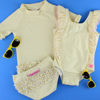 RO-SHAM-BO Sunglasses RuffleButts Baby Seersucker Rash Guard Bikini with Roshambo Yellow Sunglasses