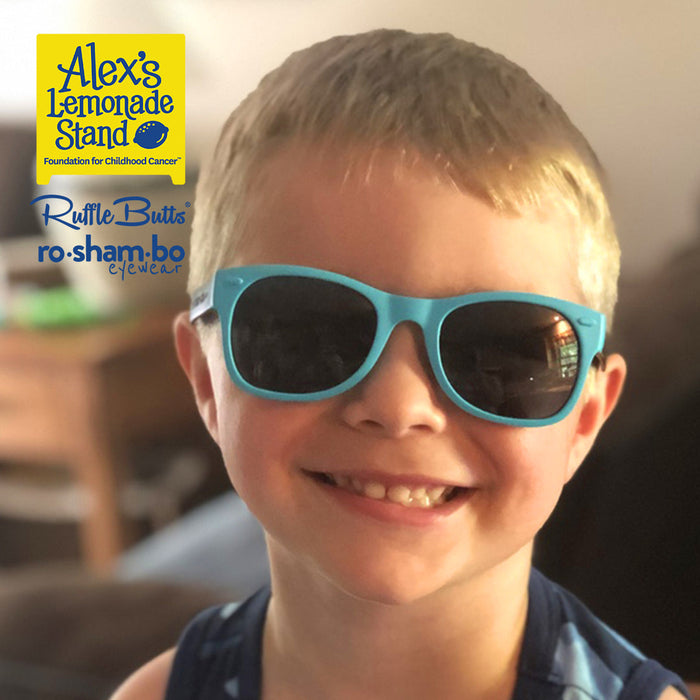 RO-SHAM-BO Sunglasses RuggedButts Boys Rainbow Stripe Swim Trunks & Rash Guard with Roshambo Blue Sunglasses