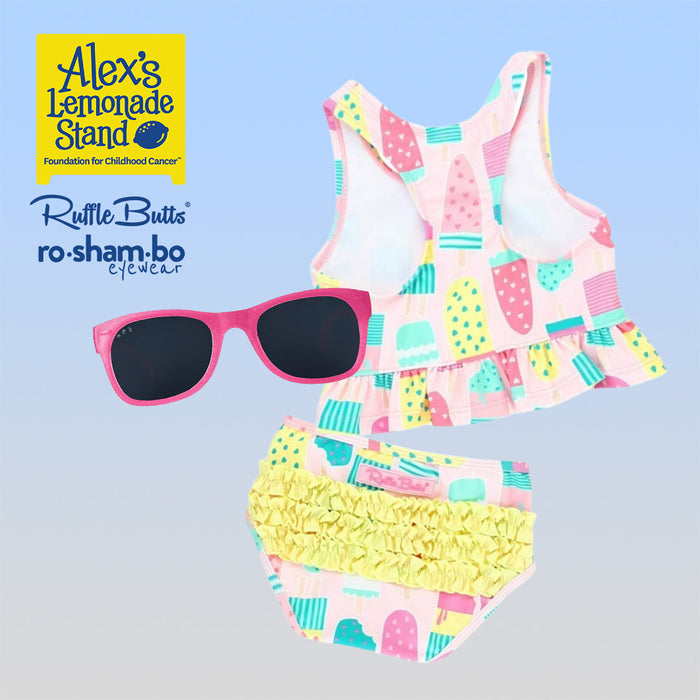 RO-SHAM-BO Sunglasses RuffleButts Toddler Ice Cream Tankini with Roshambo Pink Glitter Sunglasses