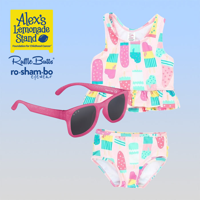RO-SHAM-BO Sunglasses RuffleButts Toddler Ice Cream Tankini with Roshambo Pink Glitter Sunglasses