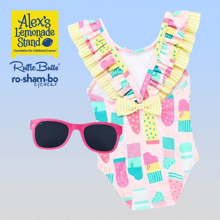 RO-SHAM-BO Sunglasses RuffleButts Baby Ice Cream One Piece with Roshambo Pink Glitter Sunglasses