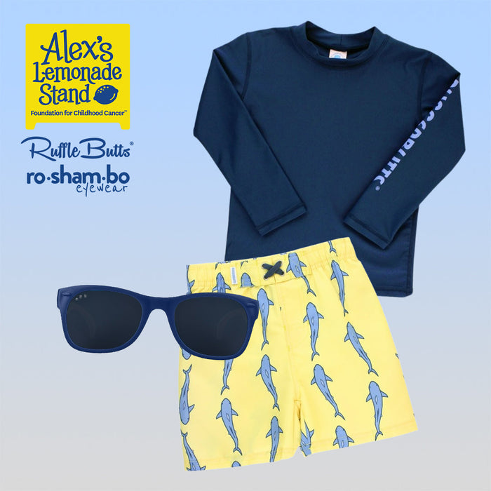 RO-SHAM-BO Sunglasses RuggedButts Baby Jawsome Swim Trunks & Rash Guard with Roshambo Navy Sunglasses