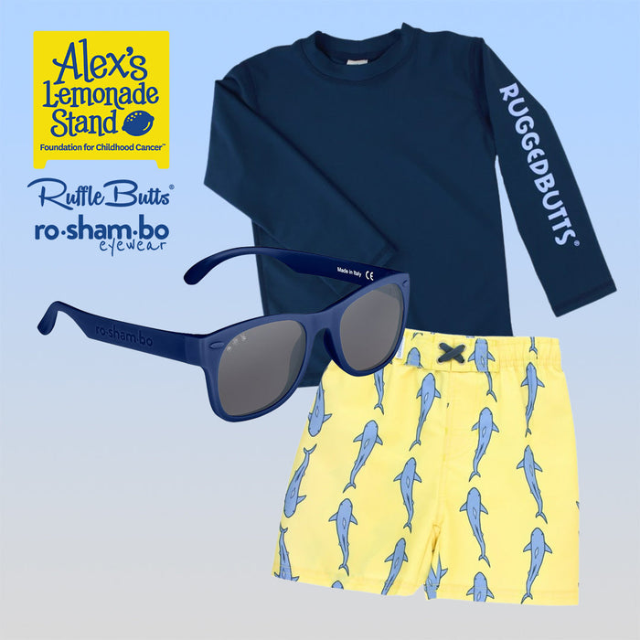 RO-SHAM-BO Sunglasses RuggedButts Boys Jawsome Swim Trunks & Rash Guard with Roshambo Navy Sunglasses