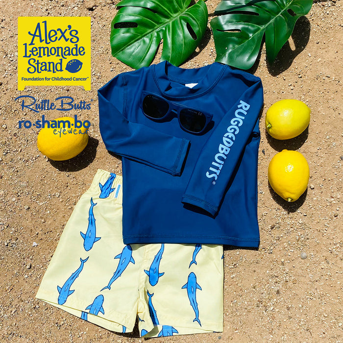 RO-SHAM-BO Sunglasses RuggedButts Toddler Jawsome Swim Trunks & Rash Guard with Roshambo Navy Sunglasses