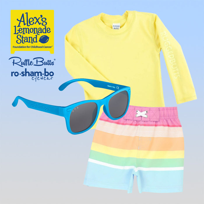 RO-SHAM-BO Sunglasses RuggedButts Baby Rainbow Stripe  Swim Trunks & Rash Guard with Roshambo Blue Sunglasses