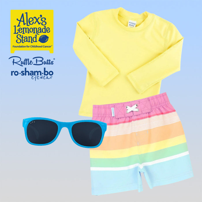 RO-SHAM-BO Sunglasses RuggedButts Toddler Rainbow Stripe Swim Trunks & Rash Guard with Roshambo Blue Sunglasses