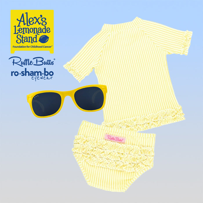 RO-SHAM-BO Sunglasses RuffleButts Baby Seersucker Rash Guard Bikini with Roshambo Yellow Sunglasses