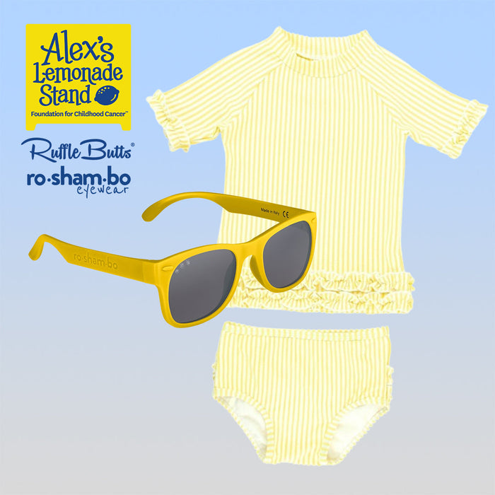 RO-SHAM-BO Sunglasses RuffleButts Baby Seersucker Rash Guard Bikini with Roshambo Yellow Sunglasses