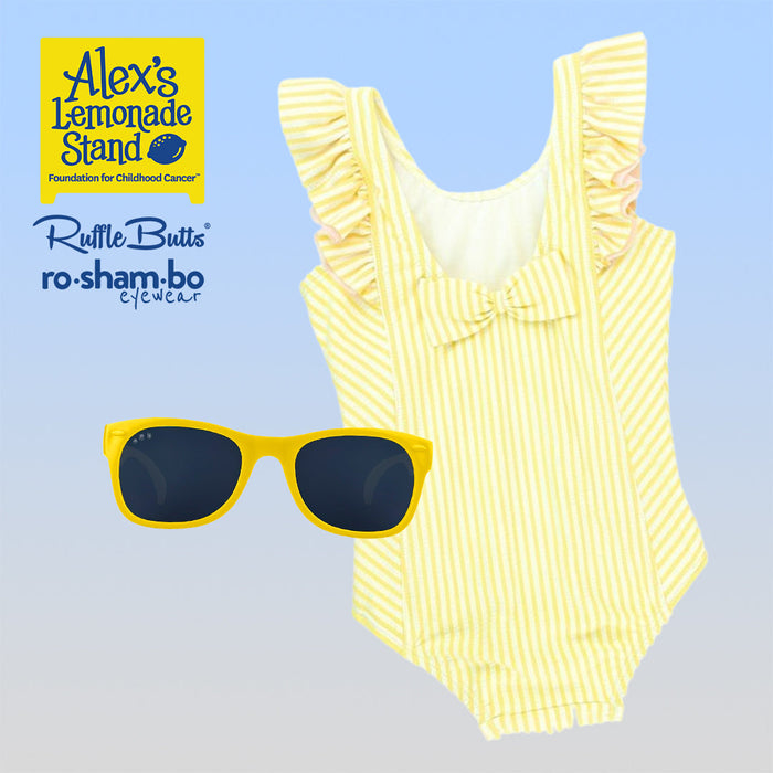 RO-SHAM-BO Sunglasses RuffleButts Toddler Seersucker One Piece with Roshambo Yellow Sunglasses