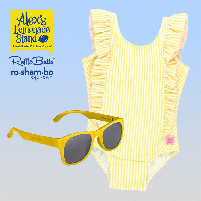 RO-SHAM-BO Sunglasses RuffleButts Girls Seersucker One Piece with Roshambo Yellow Sunglasses