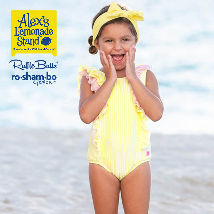 RO-SHAM-BO Sunglasses RuffleButts Toddler Seersucker One Piece with Roshambo Yellow Sunglasses