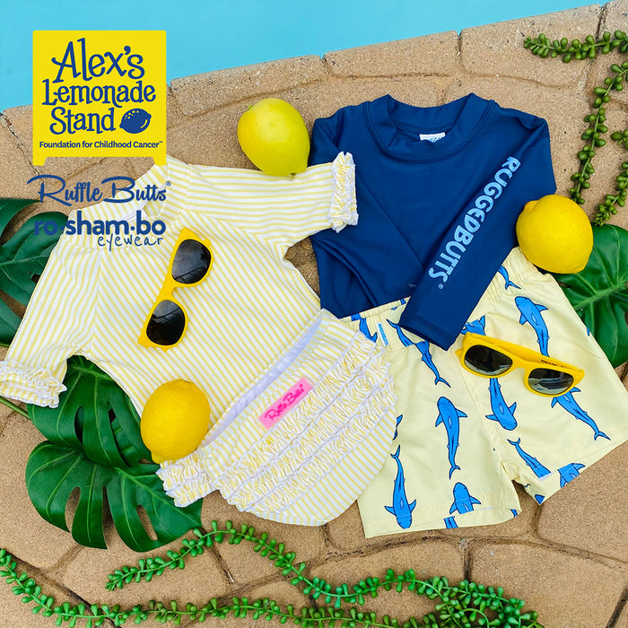 RO-SHAM-BO Sunglasses RuggedButts Boys Jawsome Swim Trunks & Rash Guard with Roshambo Navy Sunglasses