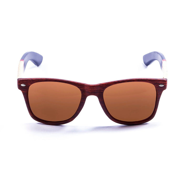 ocean sunglasses KRNglasses model BEACH SKU 50012.5 with blue transparent frame and revo red lens