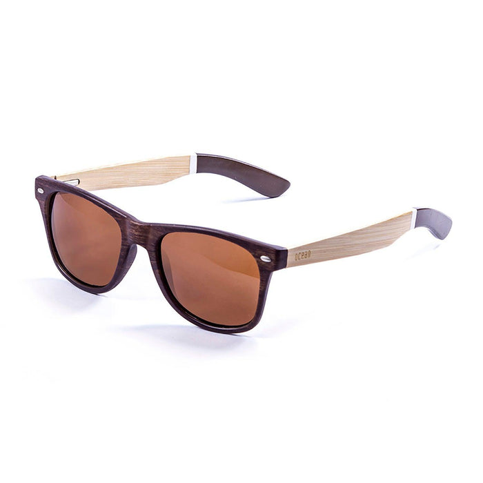 ocean sunglasses KRNglasses model BEACH SKU 50501.3 with bamboo brown & blue frame and revo blue lens