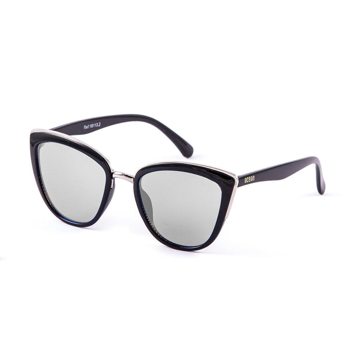 ocean sunglasses KRNglasses model CAT SKU 18113.3 with shiny black & gold frame and silver mirror flat lens