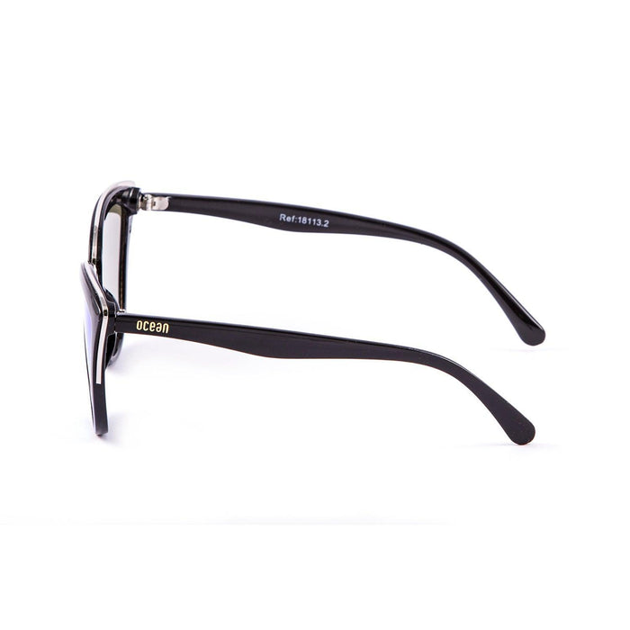 ocean sunglasses KRNglasses model CAT SKU 18113.2 with shiny black & silver frame and revo blue flat lens