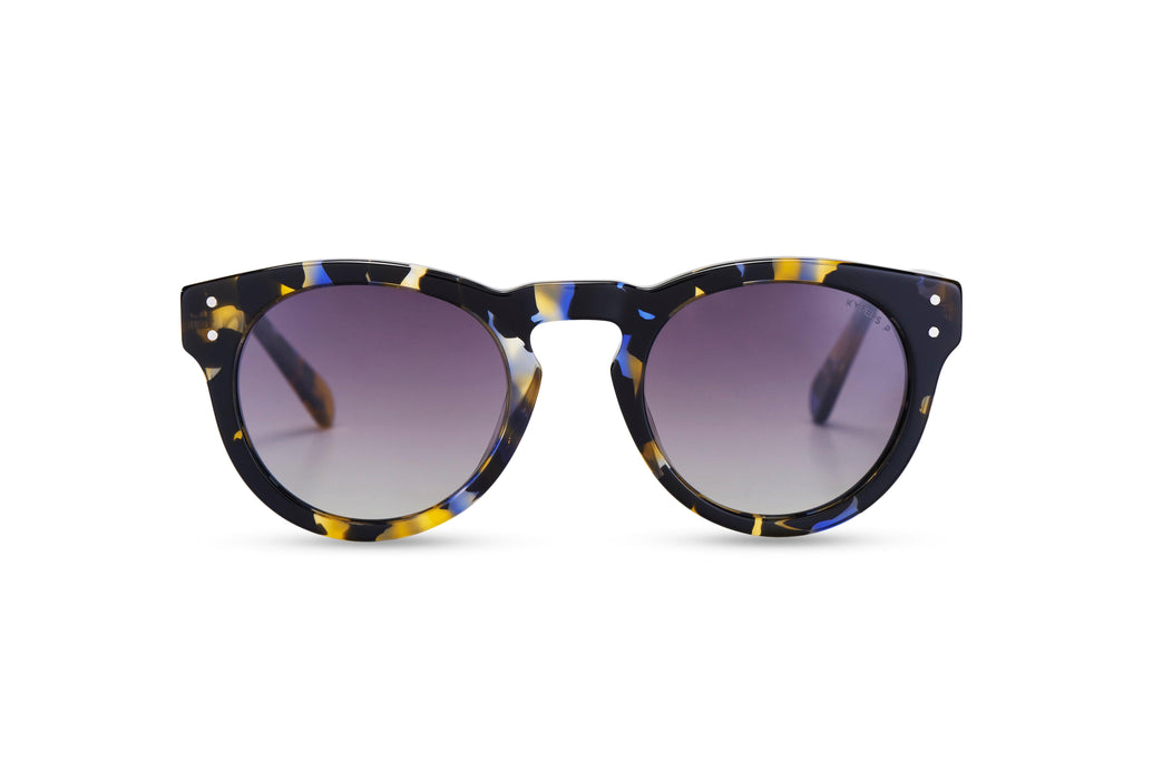 KYPERS sunglasses model GISELE GS003 with blue / yellow / black pattern frame and gradient grey lens