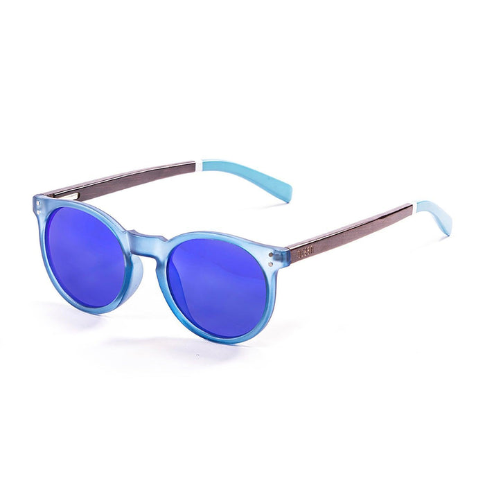 ocean sunglasses KRNglasses model LIZARD SKU 55011.6 with white transparent frame and blue revo lens