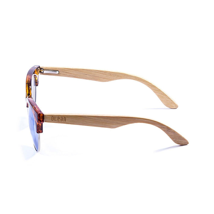 ocean sunglasses KRNglasses model MEDANO SKU 67001.3 with bamboo brown frame and revo blue lens