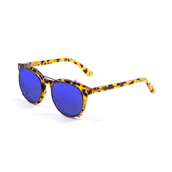 ocean sunglasses KRNglasses model Mr Franklin SKU 71001.1 with shiny black frame and revo blue lens