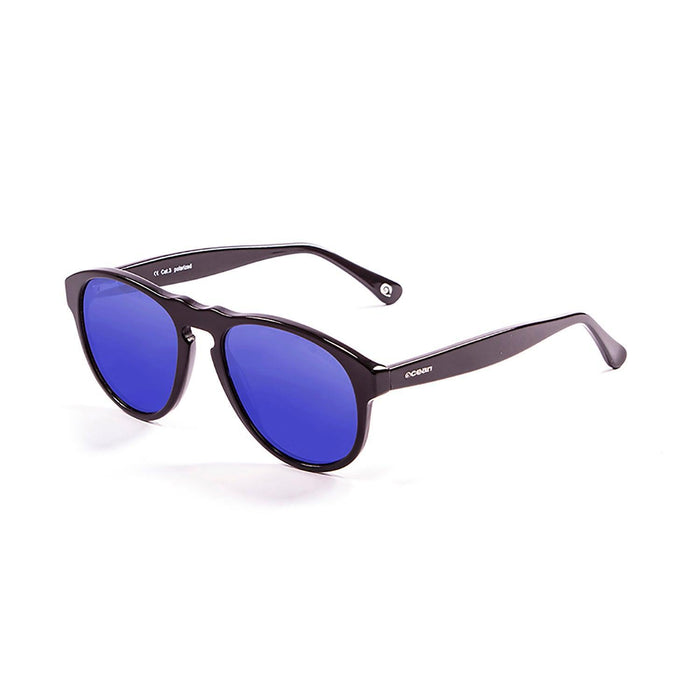 ocean sunglasses KRNglasses model WASHINGTON SKU 5001.1 with shiny black frame and revo blue lens
